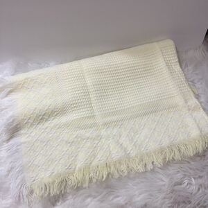 Vintage Unisex Waffle Baby Blanket FRIEMANIT Yellow Acrylic Fringe 35"x36